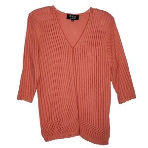 Open Knit Crochet Cardigan Sweater S One Button Front 3/4 Sleeves Coral Orange